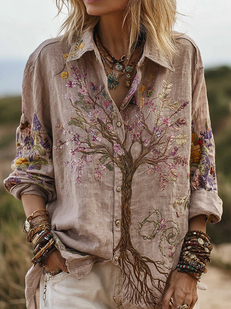 Women's Vintage Color Tree Of Life Cotton And Linen Shirt