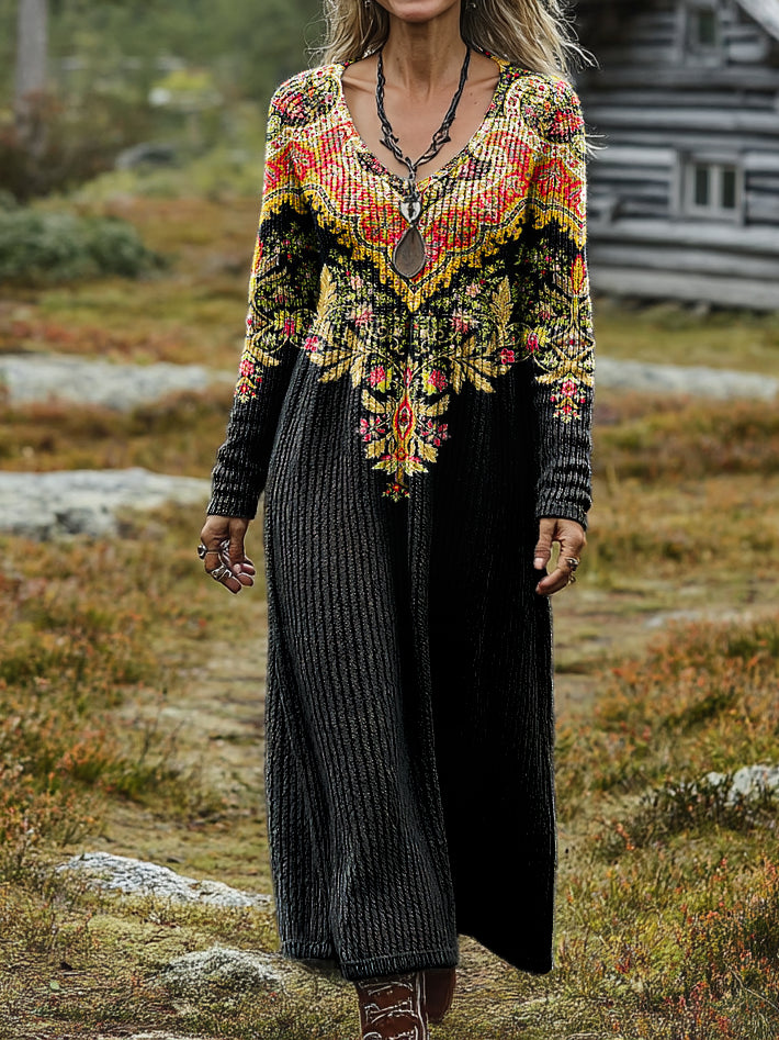 Women's Retro Ethnic Art Print Casual Long-Sleeve V-Neck Cotton Knit Dress