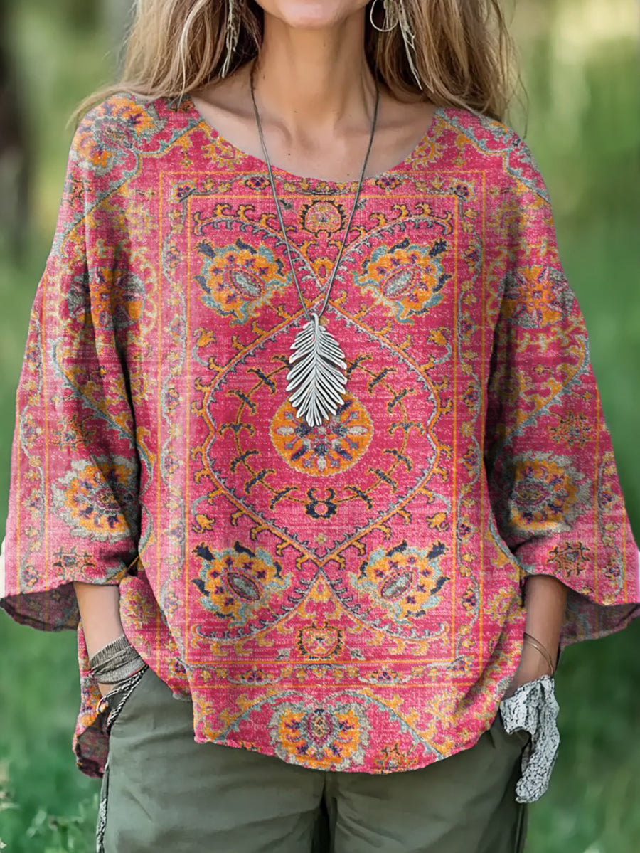Women's Retro Floral Totem Print Casual Cotton And Linen Shirt