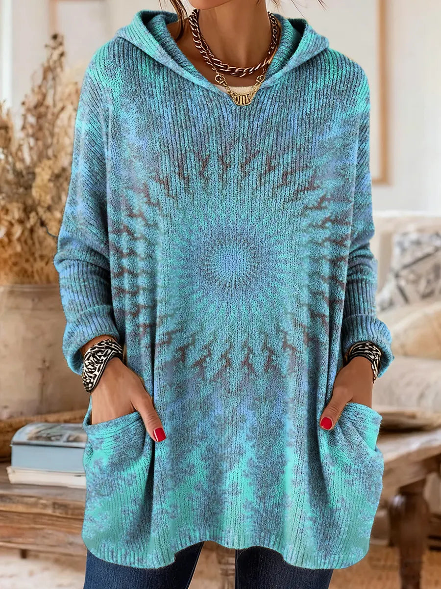 Women's Kaleidoscope Art Pattern Casual Knitted Pocket Hooded Tunic Top