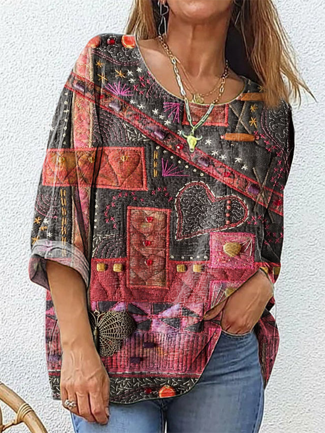 Women's Ethnic Patchwork Art Print Casual Crew Neck Cotton And Linen Shirt