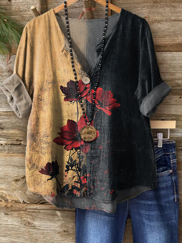 Women's Vintage Rose Floral Art Print Casual Cotton Linen Shirt