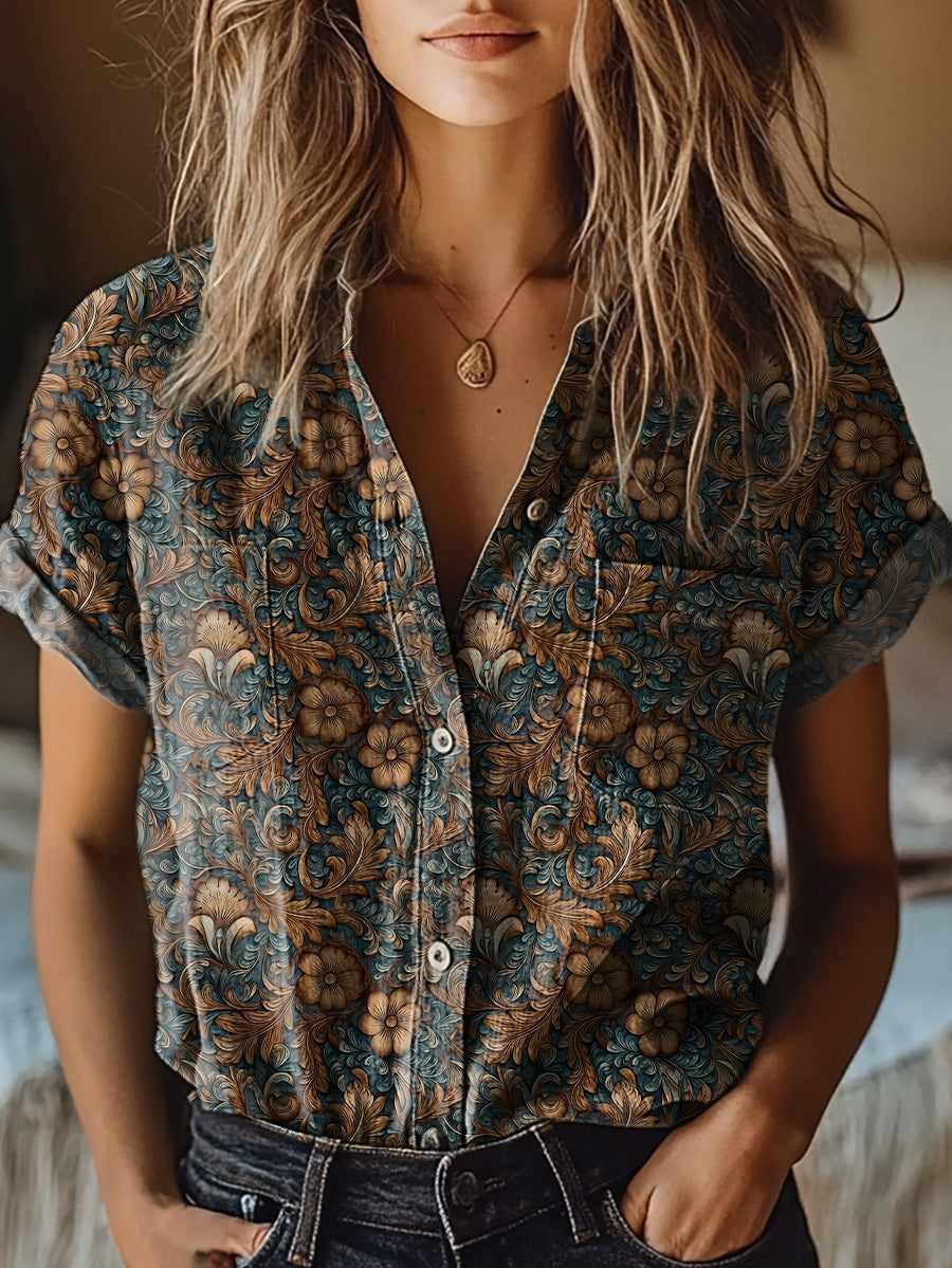 Women's Vintage Folk Floral Art Patterns Print Short Sleeve Pocket Cotton Shirt