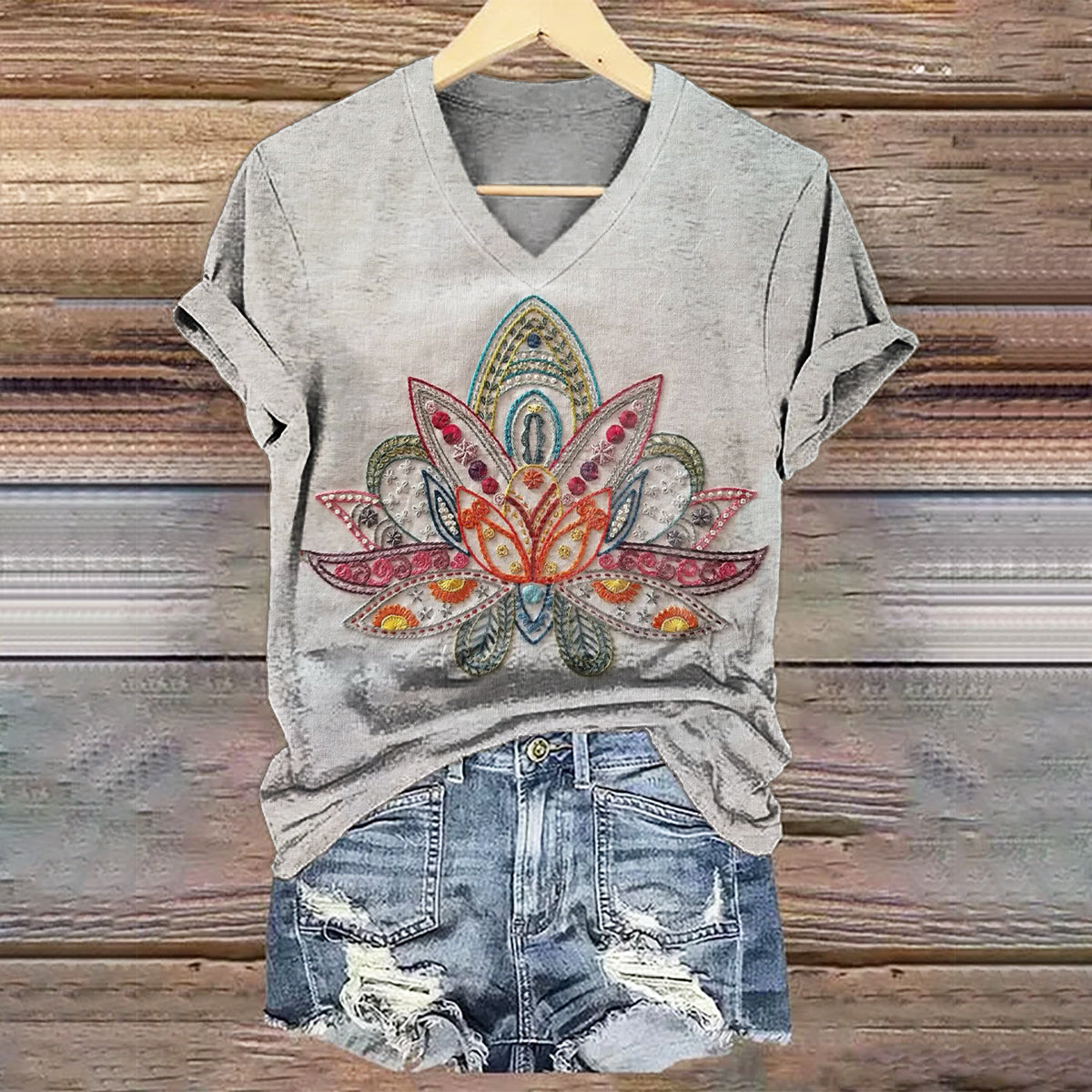 Women's Floral Art Print V-Neck Casual T-Shirt
