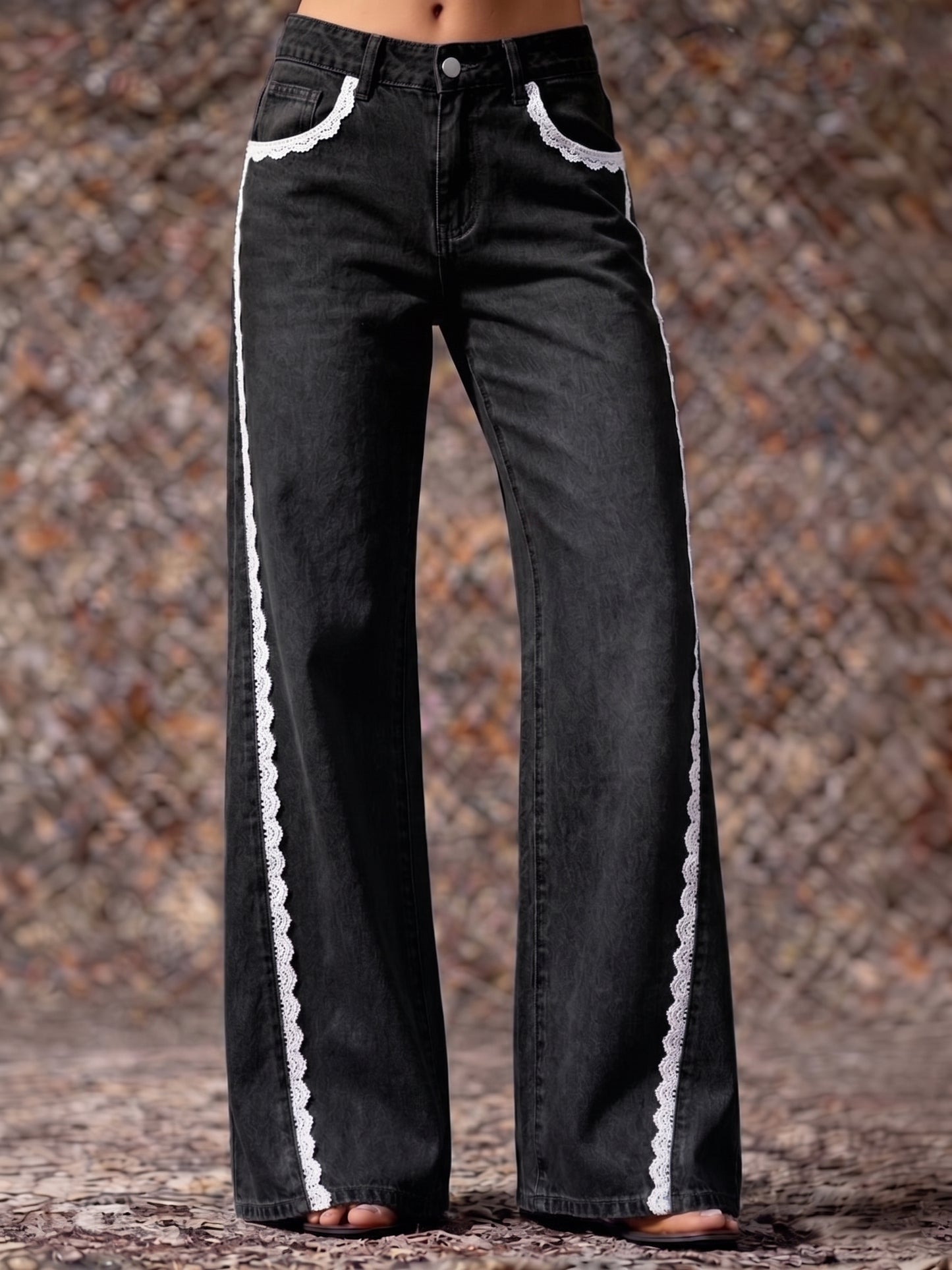 Women's Print Casual Lace Edge Denim Cotton Pants