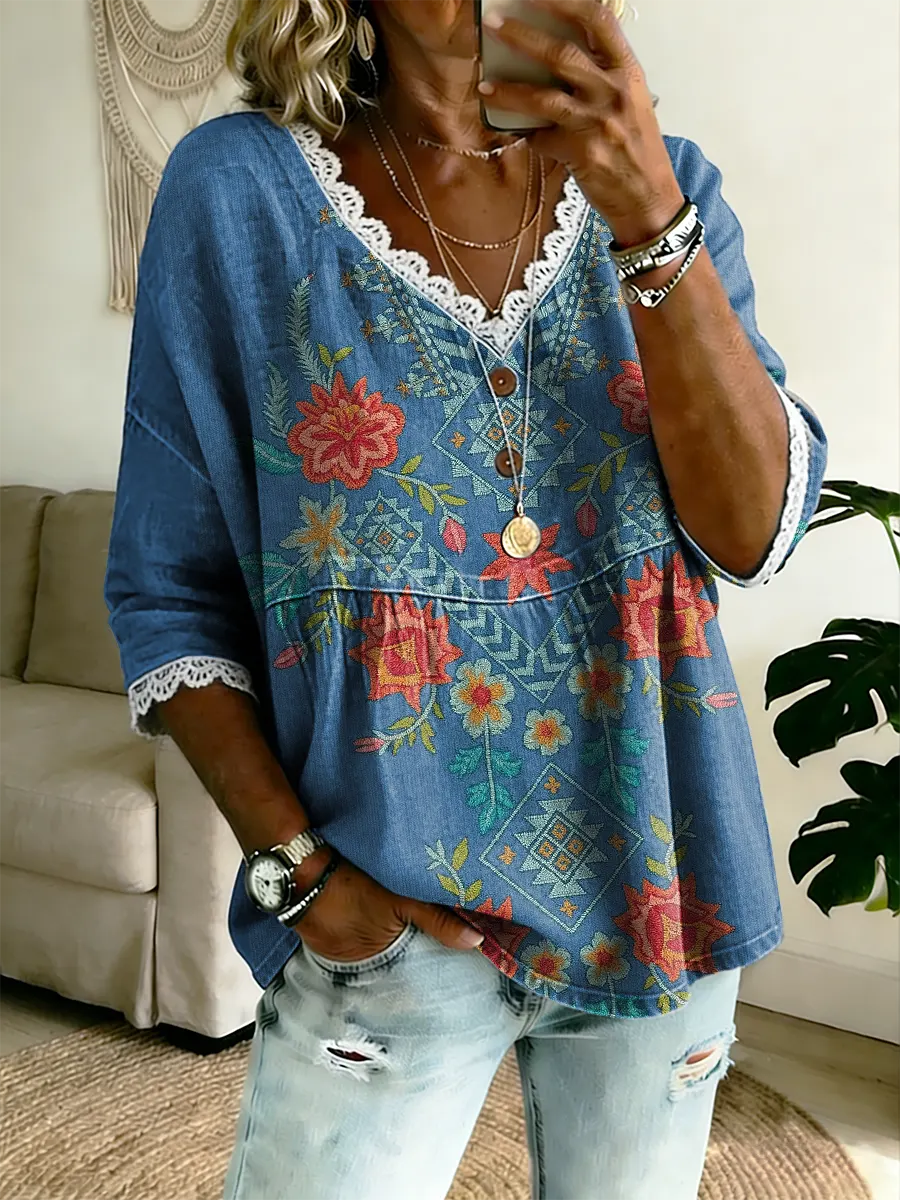 Ethnicity Bohemia Geometry Flowers Women's Vintage Art Print Casual V Neck Top With Lace Trim