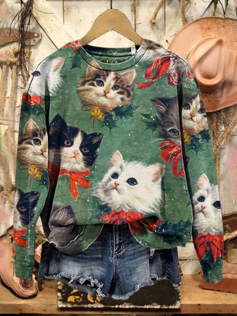 Vintage Lovely Christmas Cats Pattern Art Print Casual Sweatshirt
