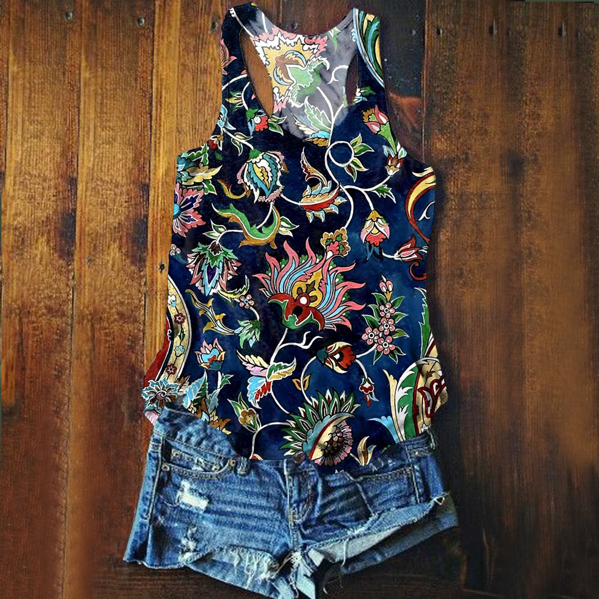 Women's Vintage Ethnic Floral Art Print Tank Top