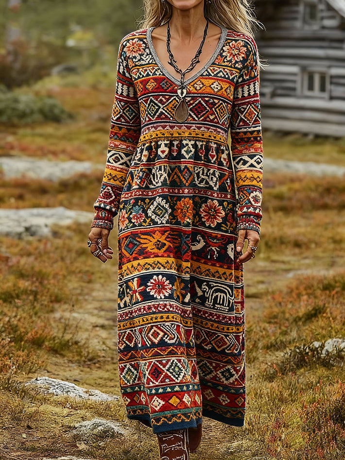 Women's Retro Ethnic Art Print Casual Long-Sleeve V-Neck Cotton Knit Dress