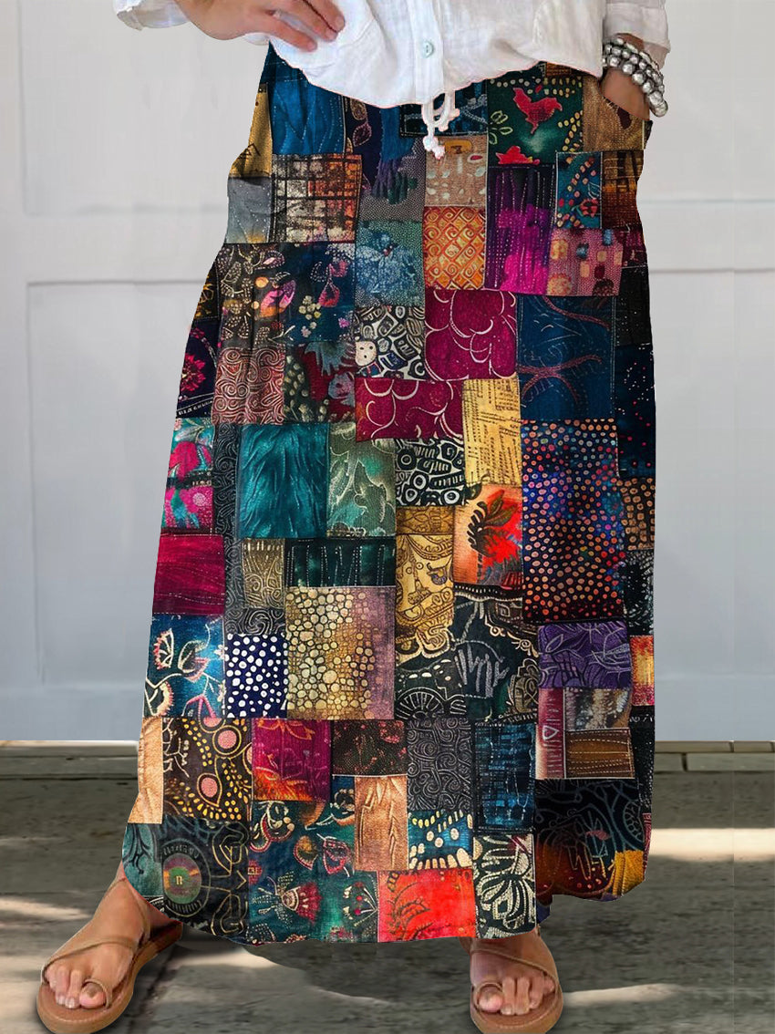 Women's Vintage Floral Patchwork Art Print Linen Pocket Skirt