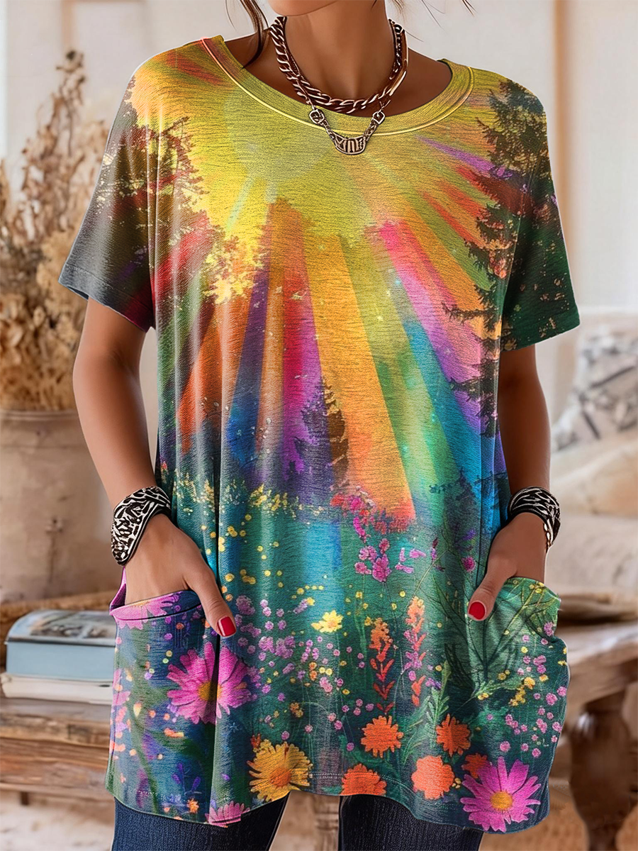 Women's Vintage Boho Sun Floral Art Printed Casual Pocket Short Sleeve Cotton T-shirt
