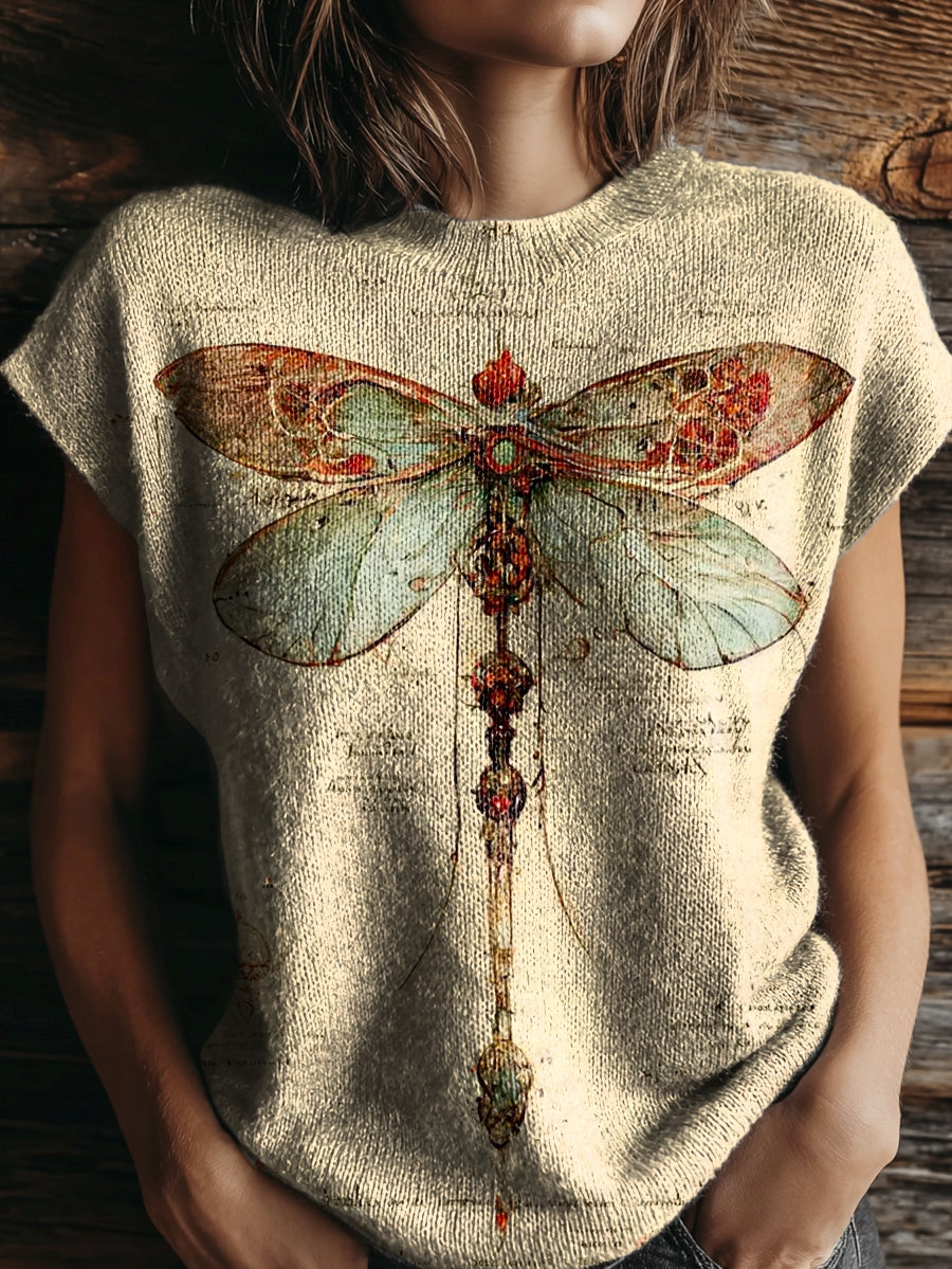 Women's Vintage Dragonfly Tattoo Pattern Art Print Casual Crew Neck Short Sleeve Knit Sweater