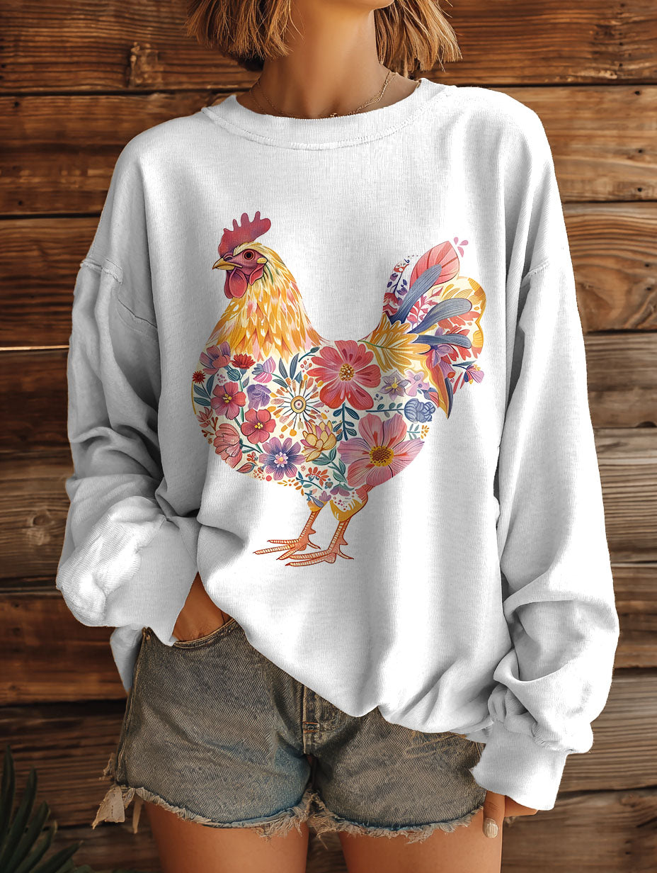 National flower pattern chicken Vintage Art Print Casual Sweashirt