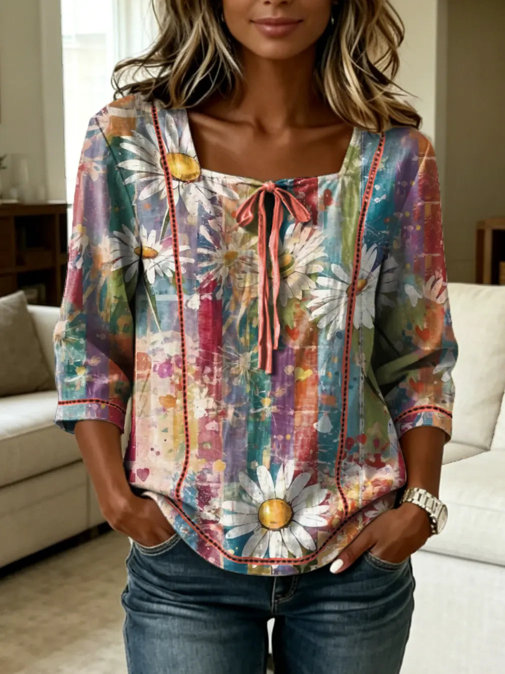 Women's Short-sleeve T-shirt With Square Neckline, Tie-front, And Colorful Daisy Print