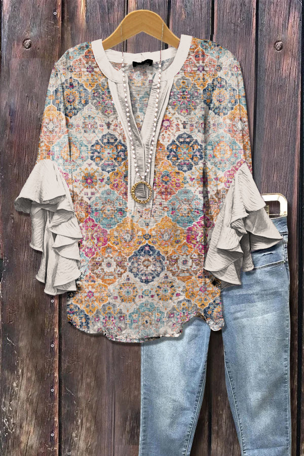 Elegant Retro Ethnic Pattern Printed Ruffle Sleeve Top