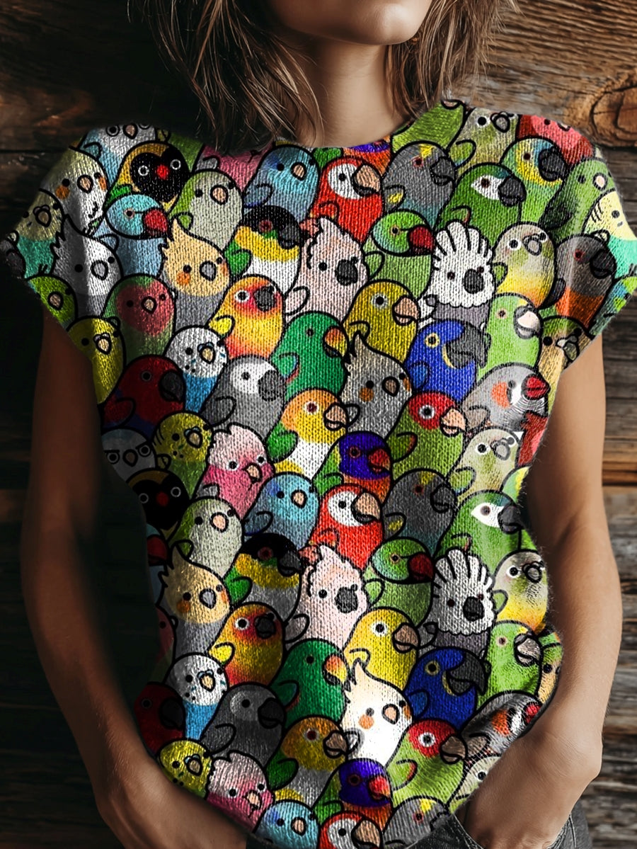 Women's Colorful Parrot Pattern Artistic Print Round Neck Casual Short-sleeved Knitted Sweater