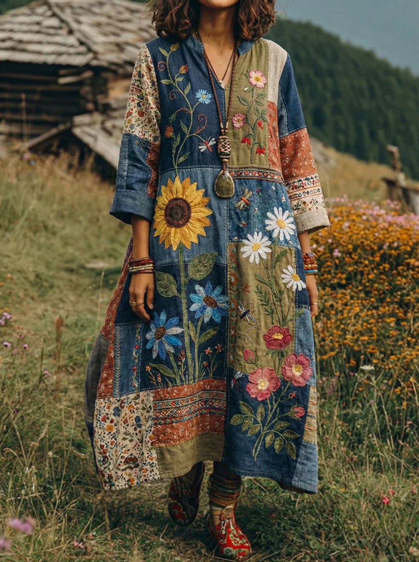 Women's Retro Floral Color-Blocked Art Print Casual Long-Sleeve V-Neck Side Pocket Cotton Linen Dress