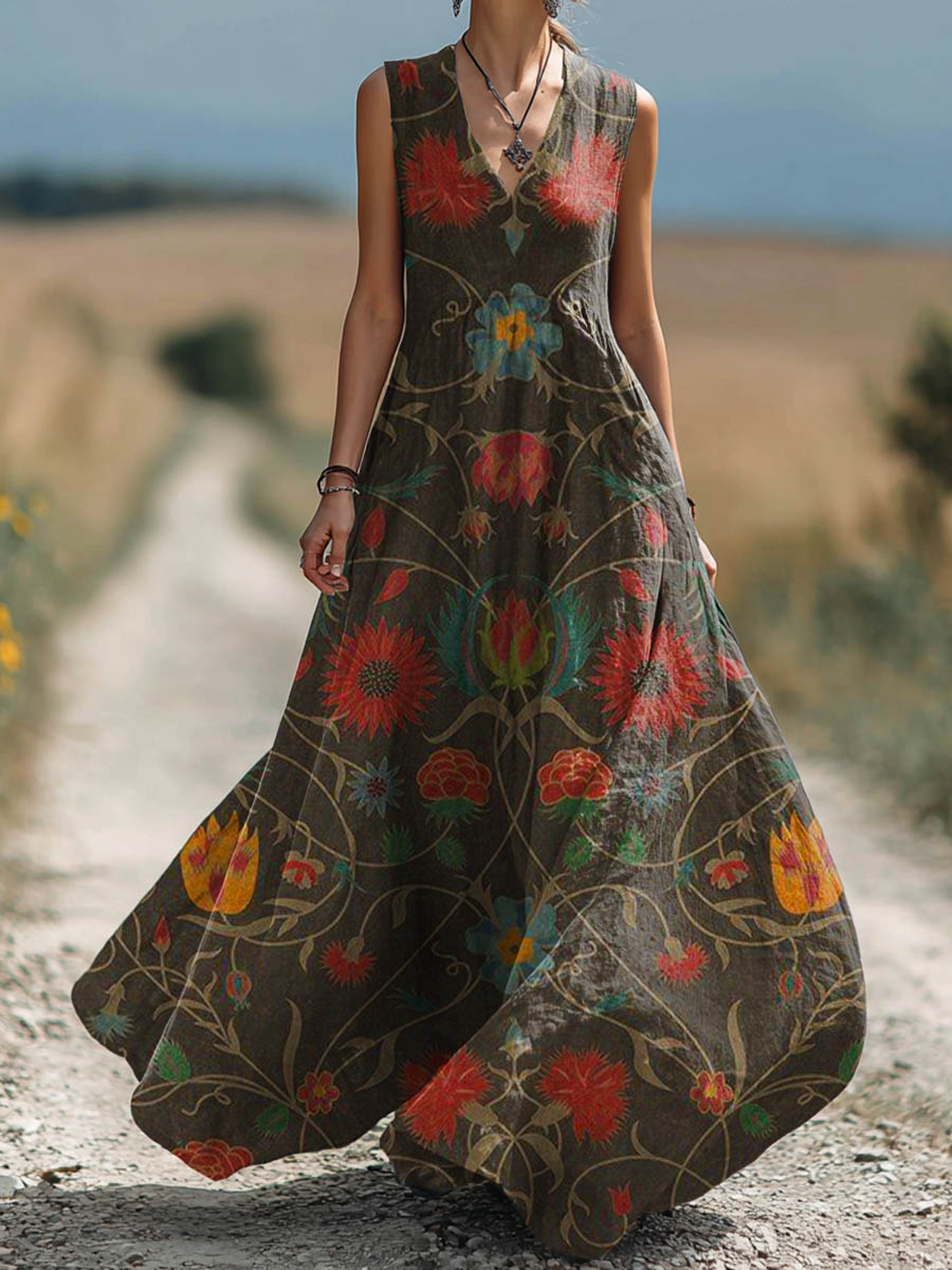 Women's Vintage Folk Art Floral Pattern Print Sleeveless Cotton Pocket Dress