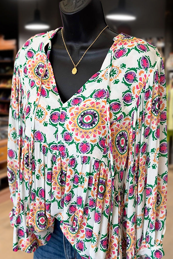 Vintage Floral Print Tie Neck Blouse