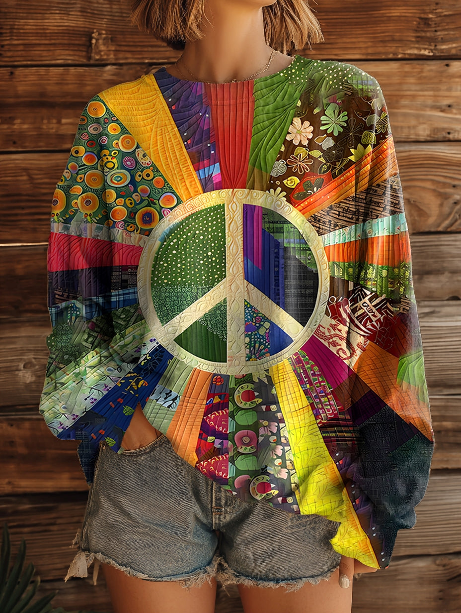 Women's Colorful Floral Embellished Patchwork Hippie Pattern Art Print Casual Crew Neck Sweatshirt