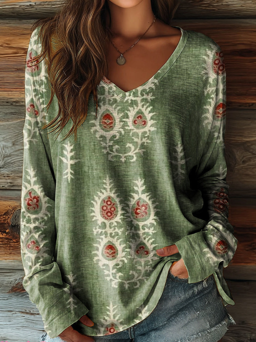 Women's Retro Ethnic Totem Art Pattern Print Casual V-neck Long Sleeve T-shirt