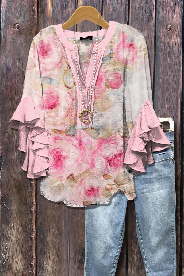 Elegant Floral Print Ruffle Sleeve Top
