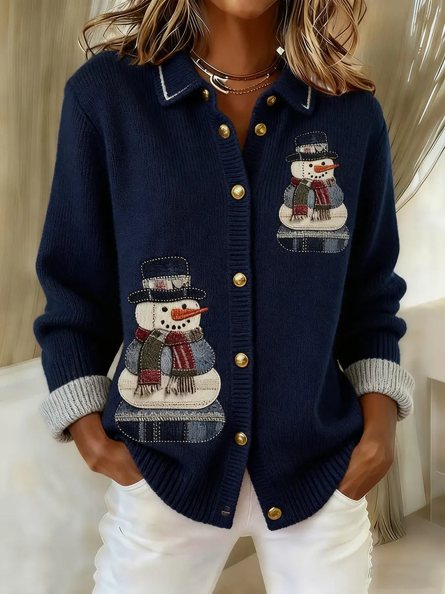 Women's Retro Snowman Patchwork Art Pattern Print Knit Cardigan
