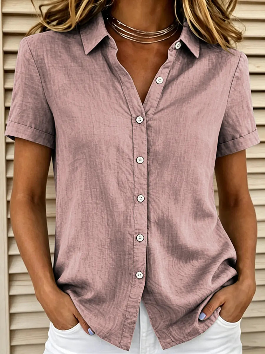 Women's Linen-Blend Collared Short Sleeve Button-Down Blouse