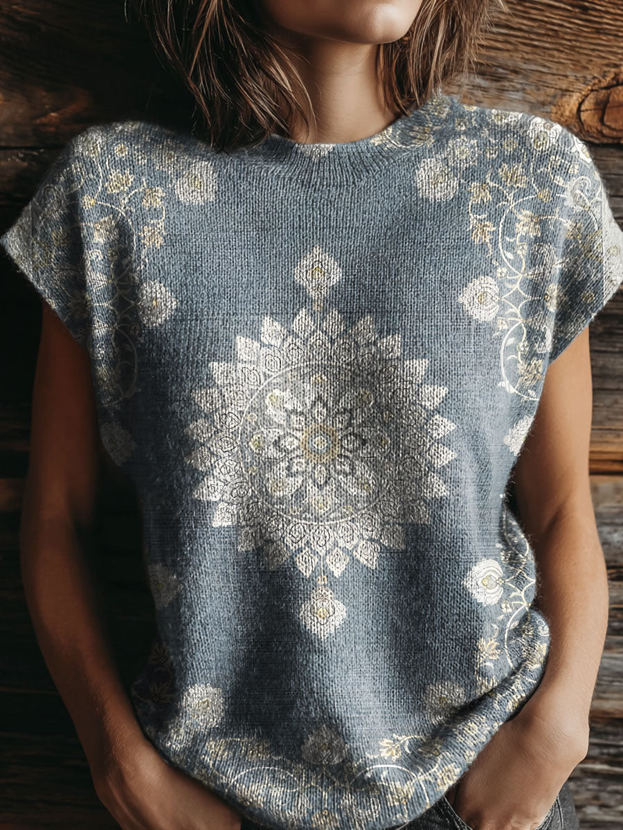 Women's Light Blue National Style Flowers Art Print Casual Crew Neck Short Sleeve Knitted Sweater