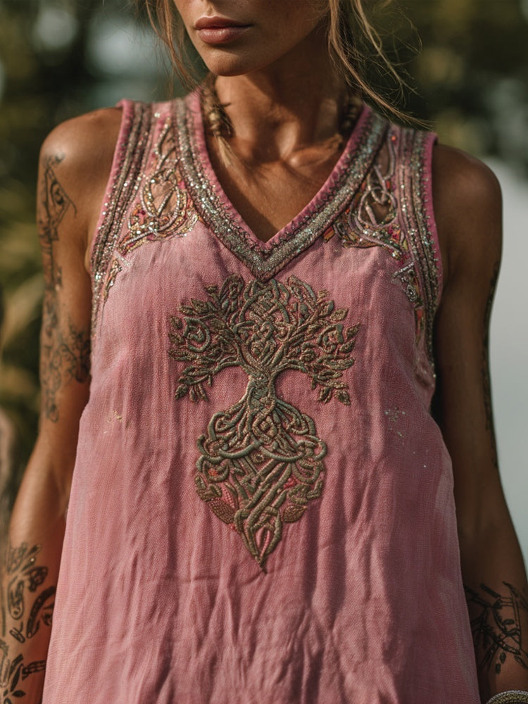 Celtic Tree Of Life Embroidered V Neck Pink Linen Tank