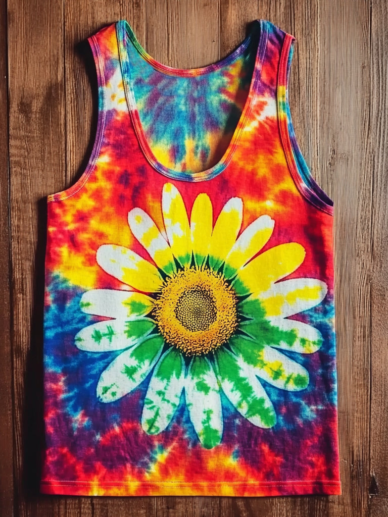 Unisex Tie Dye Daisy Graphic Print Crew Neck Cotton Tank Top