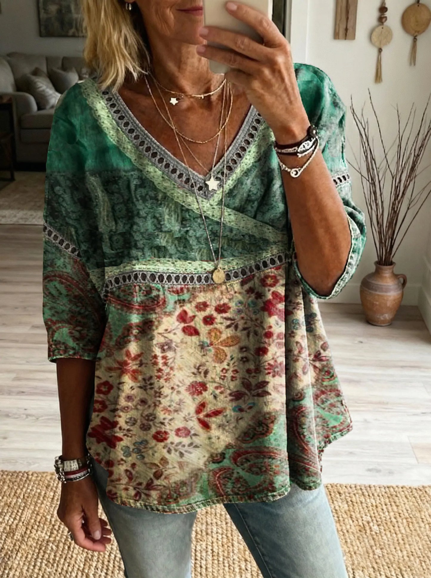 Women'sfloral Art Print Casual V-neck Tie-front Top