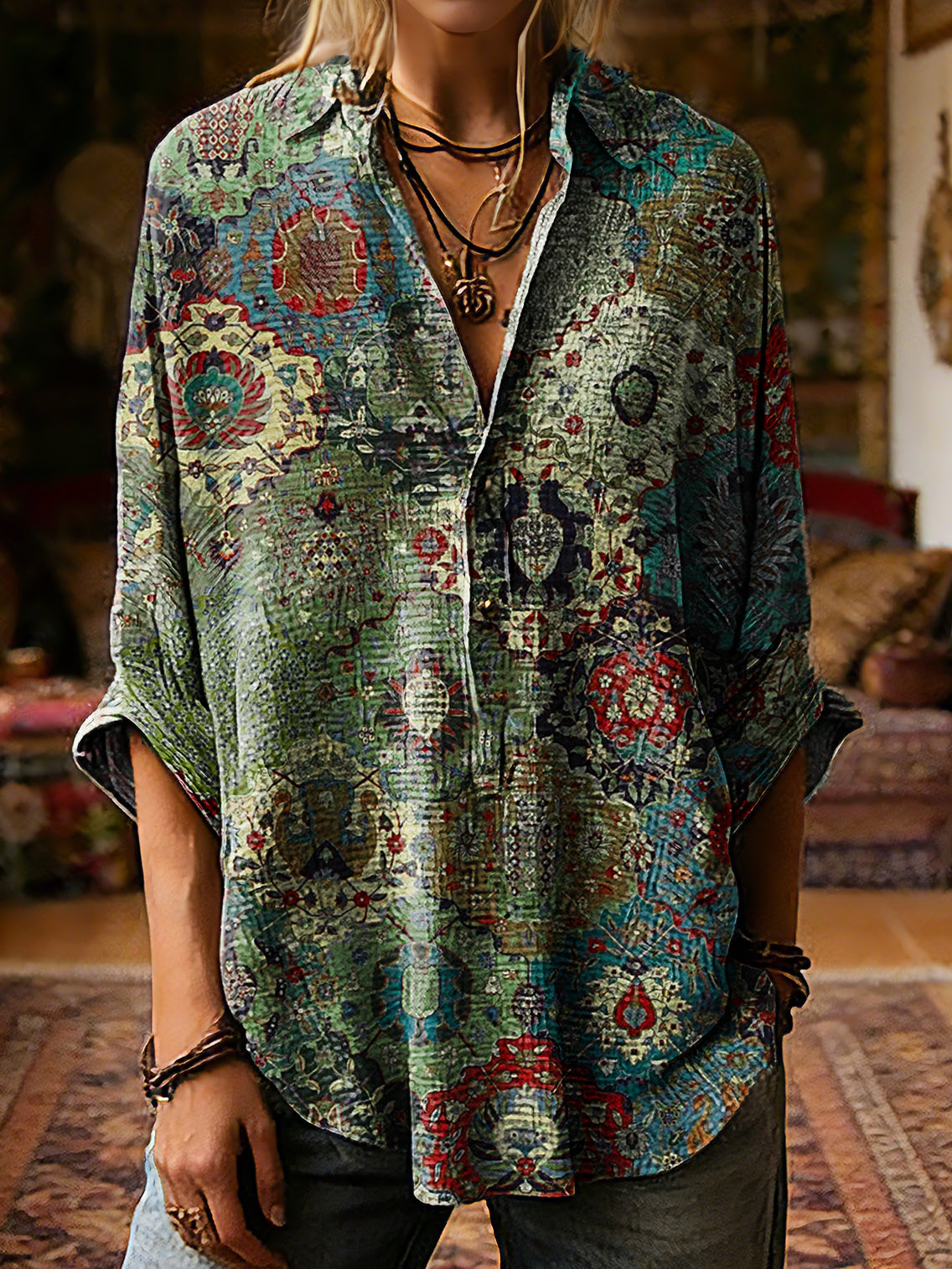 Women's Vintage Ethnic Green Collage Floral Art Print Casual Linen Cotton Long Sleeve T-shirt