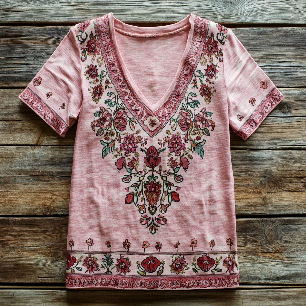 Women's Ethnic Totem Floral Art Print V-Neck Cotton T-Shirt