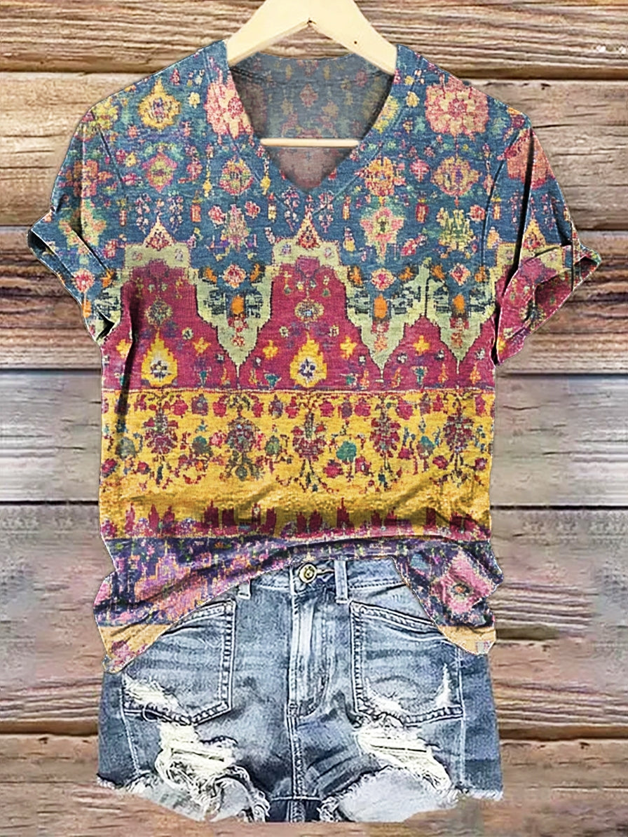 Women's Retro Folk Colorful Totem Art Print Casual V-neck Cotton T-shirt