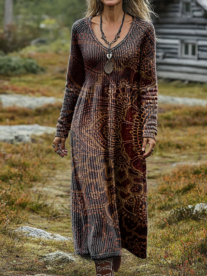 Women's Retro Ethnic Art Print Casual Long-Sleeve V-Neck Cotton Knit Dress