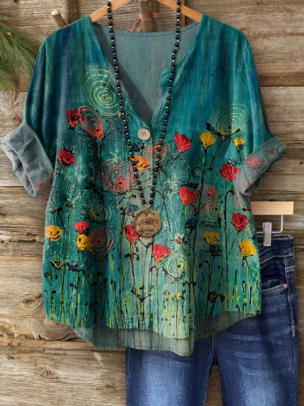Women's Floral Art Print Casual Cotton Linen Shirt