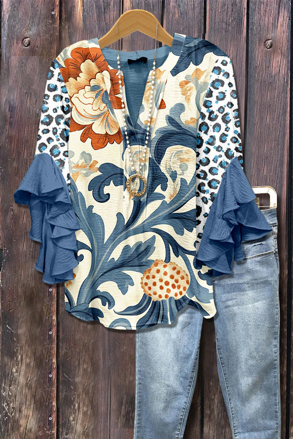 Retro Floral Print Ruffle Sleeve Top