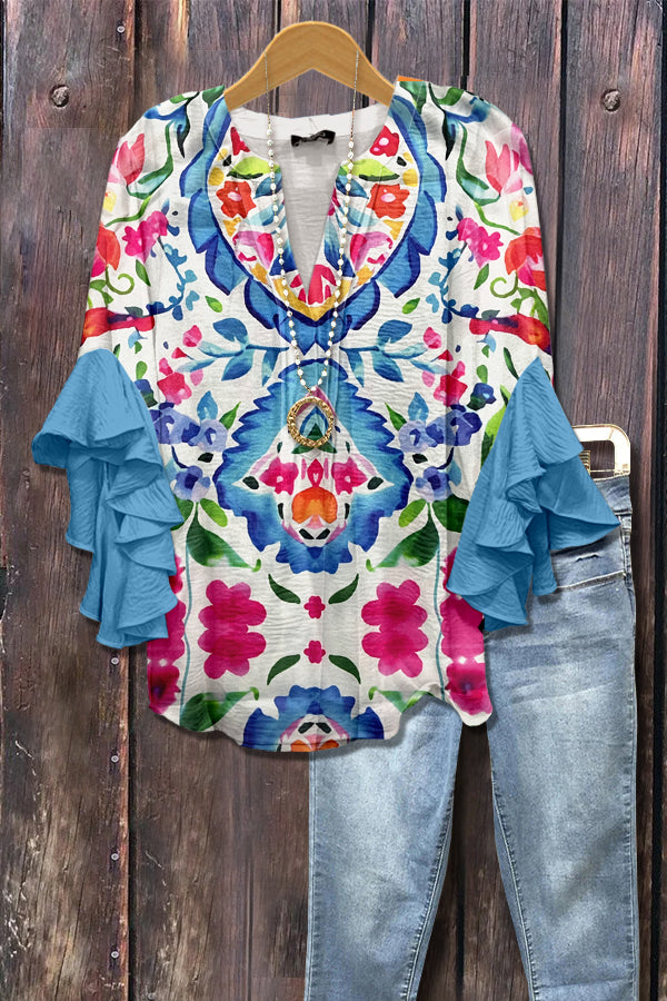 Multi Floral Print Ruffle Sleeve Top
