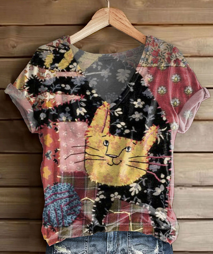 Women's Cute Cat Floral Patchwork Art Print V-neck Casual T-Shirt