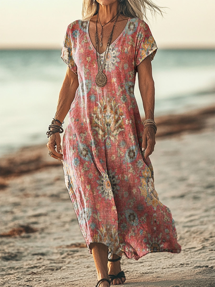 Women's Ethnic Totem Pattern Print Short Sleeve Pocket Cotton Linen Dress