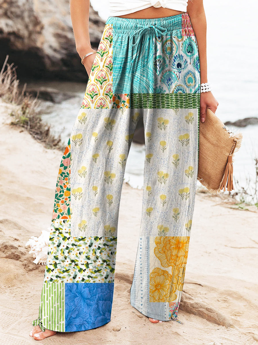 Women's Vintage Floral Patchwork Art Printed Cotton And Linen Casual Pants
