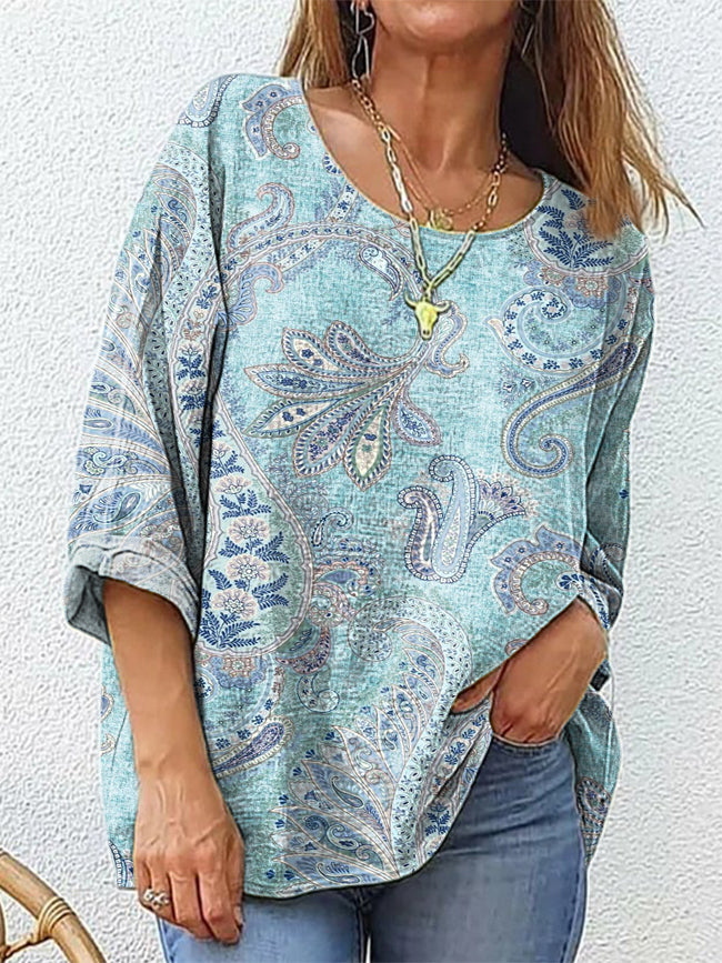 Women's Paisley Flowers Art Print Casual Cotton And Linen Shirt