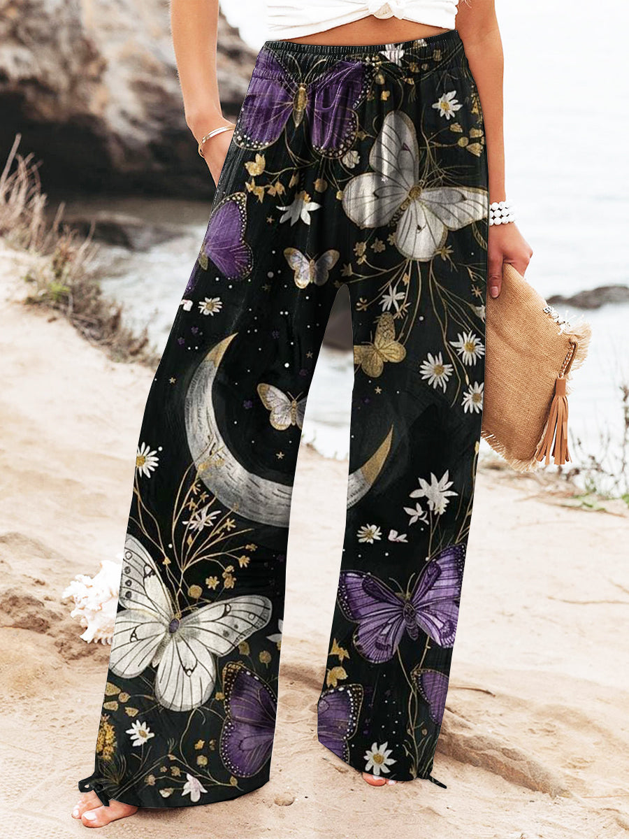 Women's Vintage Butterfly Art Printed Cotton And Linen Casual Pants