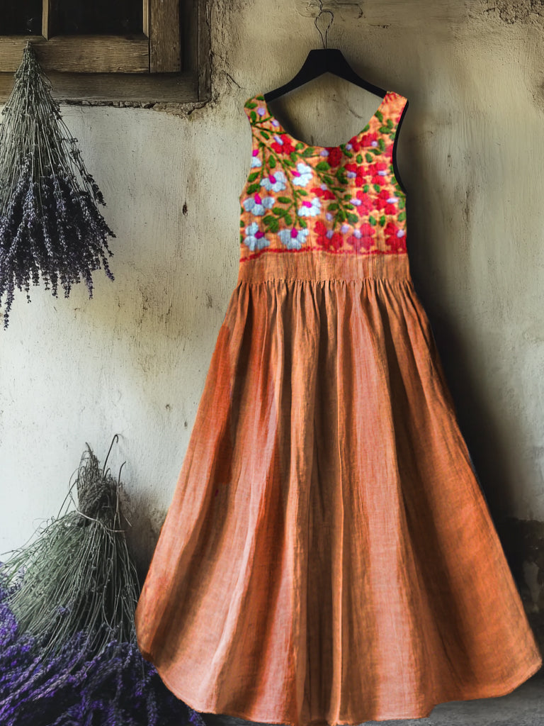 Women's Floral Art Print Round Neck Sleeveless Cotton Pocket Dresses