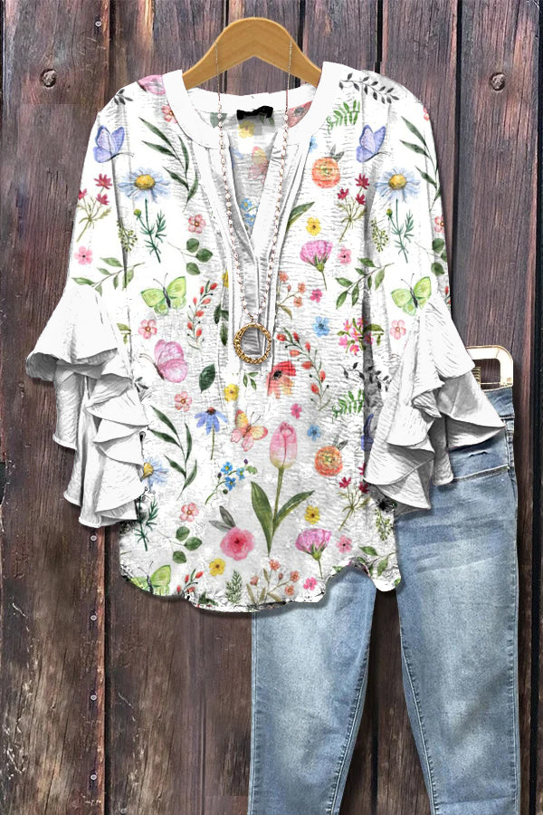 Elegant Floral Butterfly Print Ruffle Sleeve Top