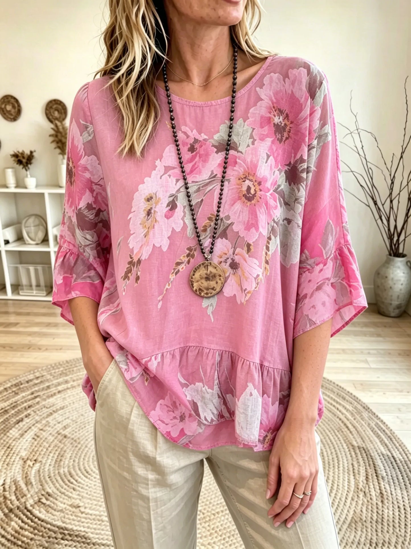 Women's Round Neck Short Sleeve Floral Print Waist Ruffle Babydoll Blouse Top