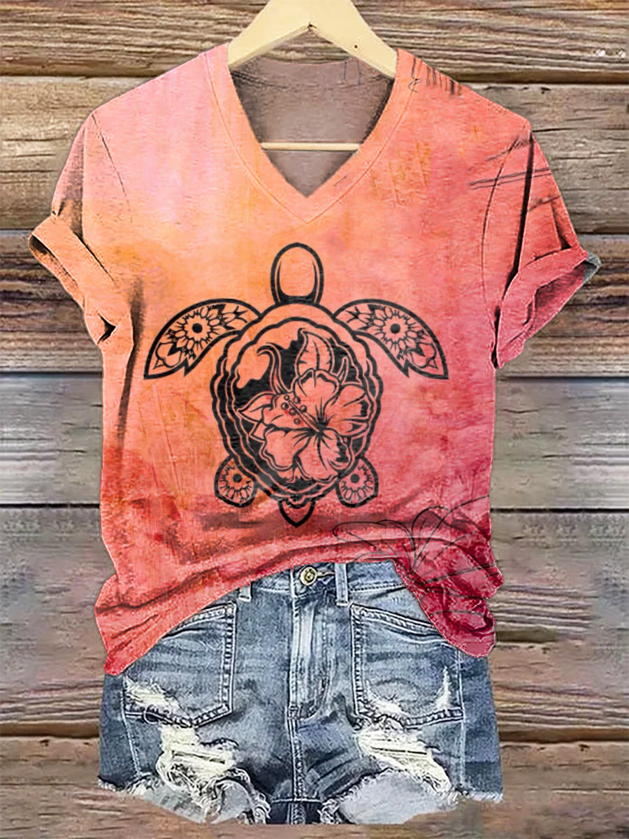 Women's Artistic Floral Turtle Gradient Print V-Neck T-Shirt