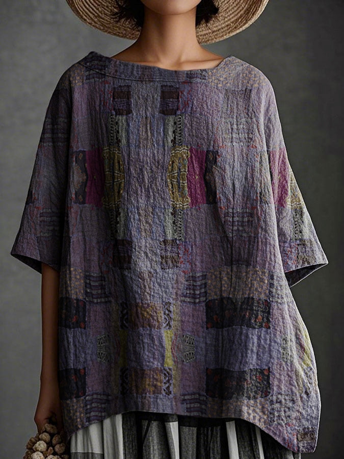 Women's Vintage Ethnic Patchwork Print Casual Cotton And Linen 3/4 Sleeve Shirt
