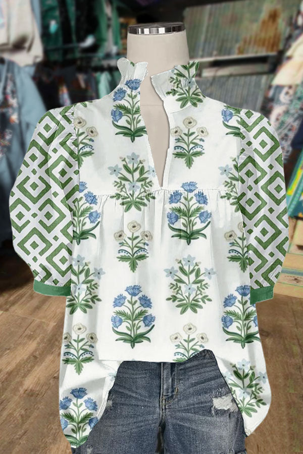 Floral Print V-Neck Geo Puff Sleeve Top